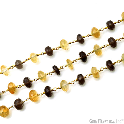 Smoky Topaz With Citrine Gold Plated Faceted Rondelle Beads Rosary Chain