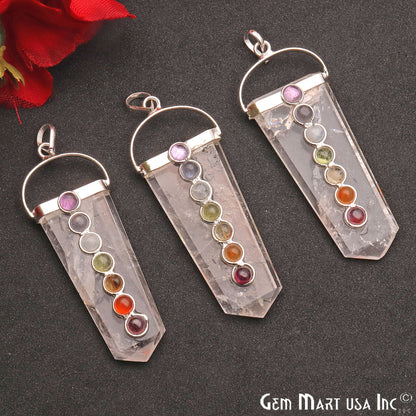 Handcrafted Crystal, 61x21mm Seven Chakra Pendant, Healing Pendant, Silver Plated Pendant, Single Bail - GemMartUSA