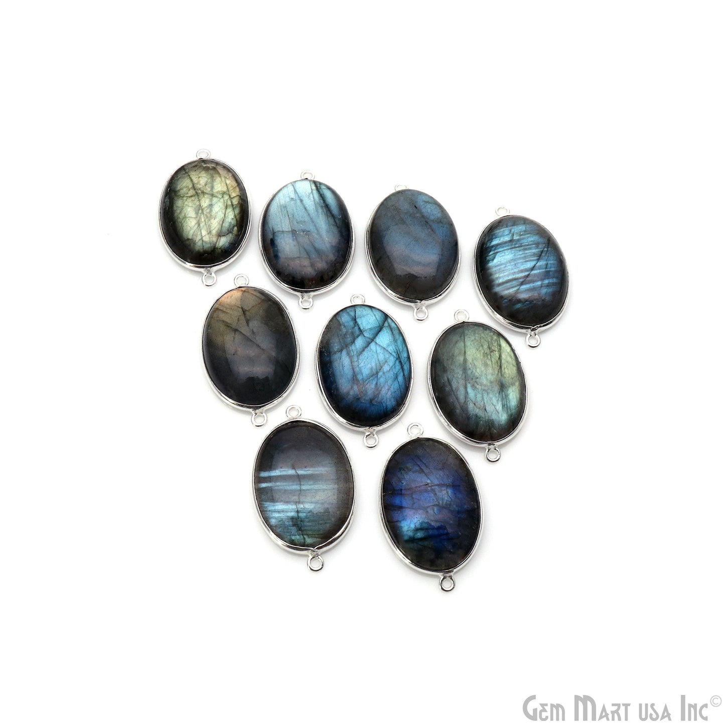 Flashy Labradorite Cabochon 25x18mm Oval Double Bail Silver Plated Gemstone Connector