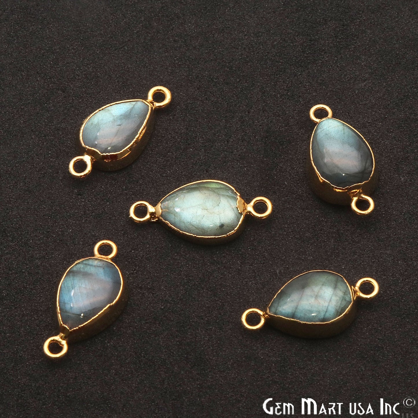 Labradorite Cabochon 20x10mm Pears Gold Electroplated Double Bail Gemstone Connector - GemMartUSA