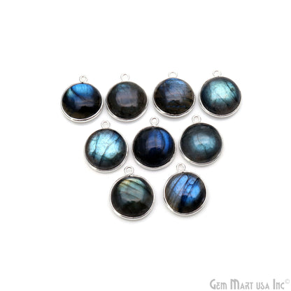 Flashy Labradorite Cabochon 15mm Round Single Bail Silver Plated Gemstone Connector