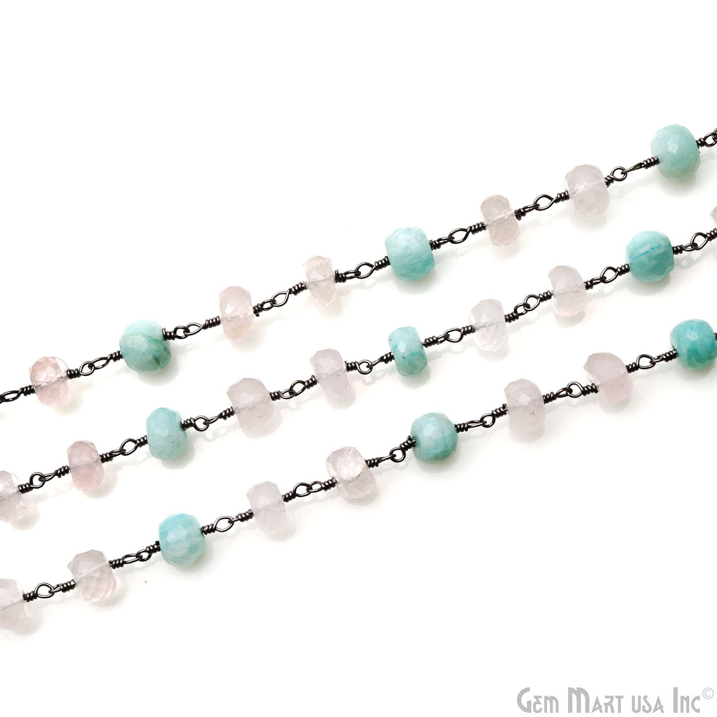 Rose Quartz With Amazonite Rondelle Beads Oxidized Wire Wrapped Rosary Chain