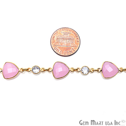 Rose Chalcedony & Crystal Gold Plated Bezel Link Continuous Connector Chain - GemMartUSA