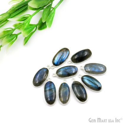 Labradorite 9x18mm Cabochon Oval Single Bail Silver Plated Gemstone Connector