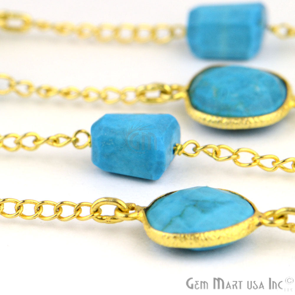 Turquoise 10mm Mix Shapes Gold Plated Bezel Rosary Connector Chain - GemMartUSA