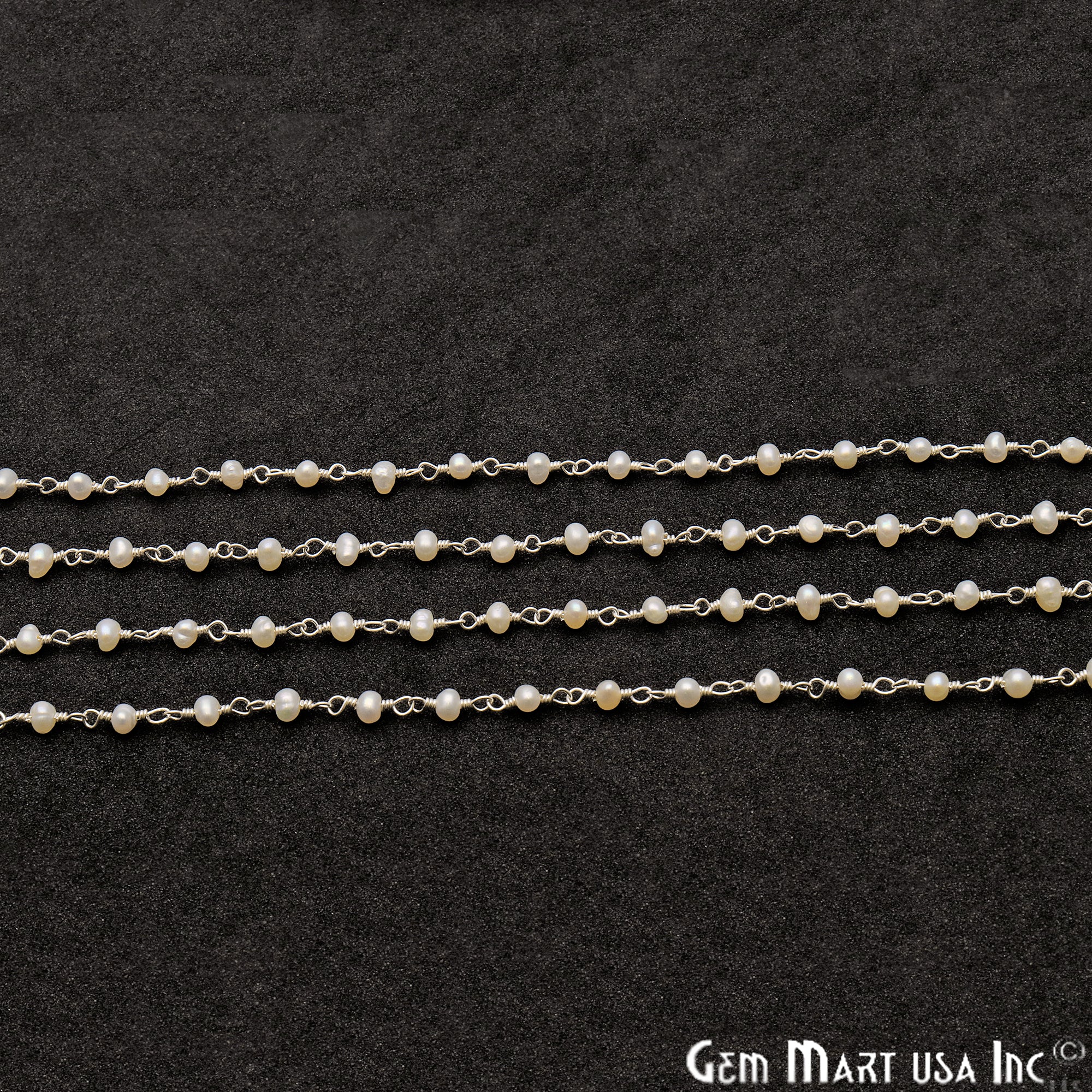 Pearl Round 3-3.5mm Sterling Silver Wire Wrapped Rosary Chain - GemMartUSA