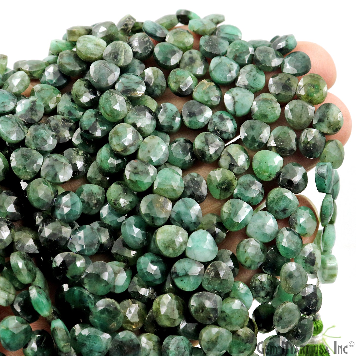 Emerald Heart Beads, 7 Inch Gemstone Strands, Drilled Strung Briolette Beads, Heart Shape, 7mm