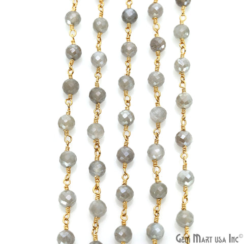 Mistique Labradorite Gemstone Faceted Beads 5mm Gold Plated Wire Wrapped Bead Rosary Chain