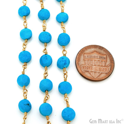 Turquoise Coin 5-6mm Gold Wire Wrapped Rosary Chain