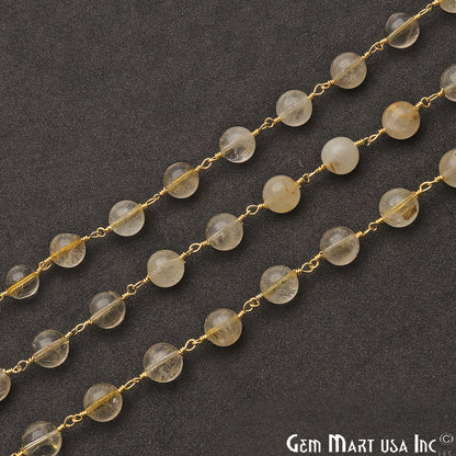 Golden Rutile Smooth Beads 8mm Gold Plated Wire Wrapped Rosary Chain - GemMartUSA