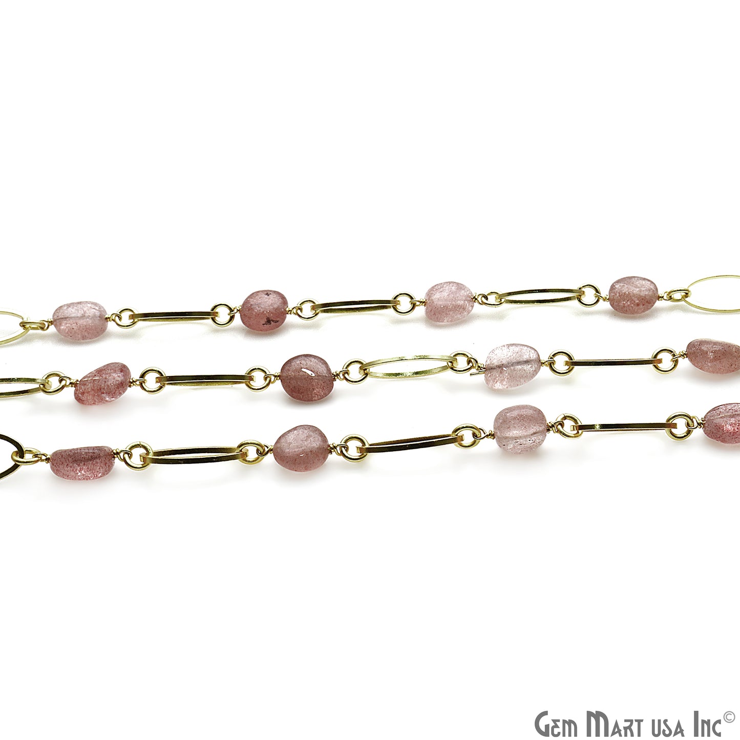 Strawberry Quartz With Gold Plated Oval Finding Rosary Chain - GemMartUSA