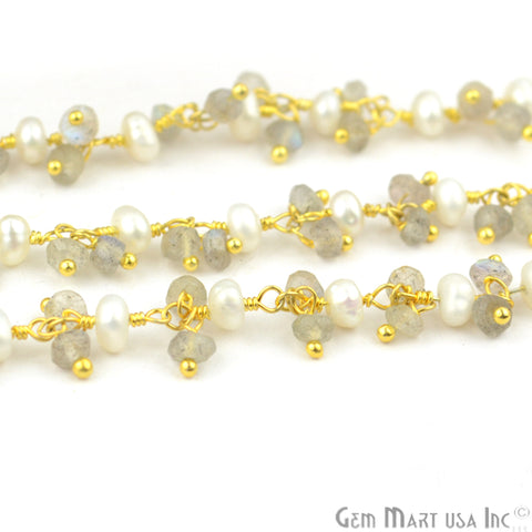 Labradorite With Pearl Faceted Beads Gold Plated Cluster Dangle Rosary Chain - GemMartUSA (764171550767)