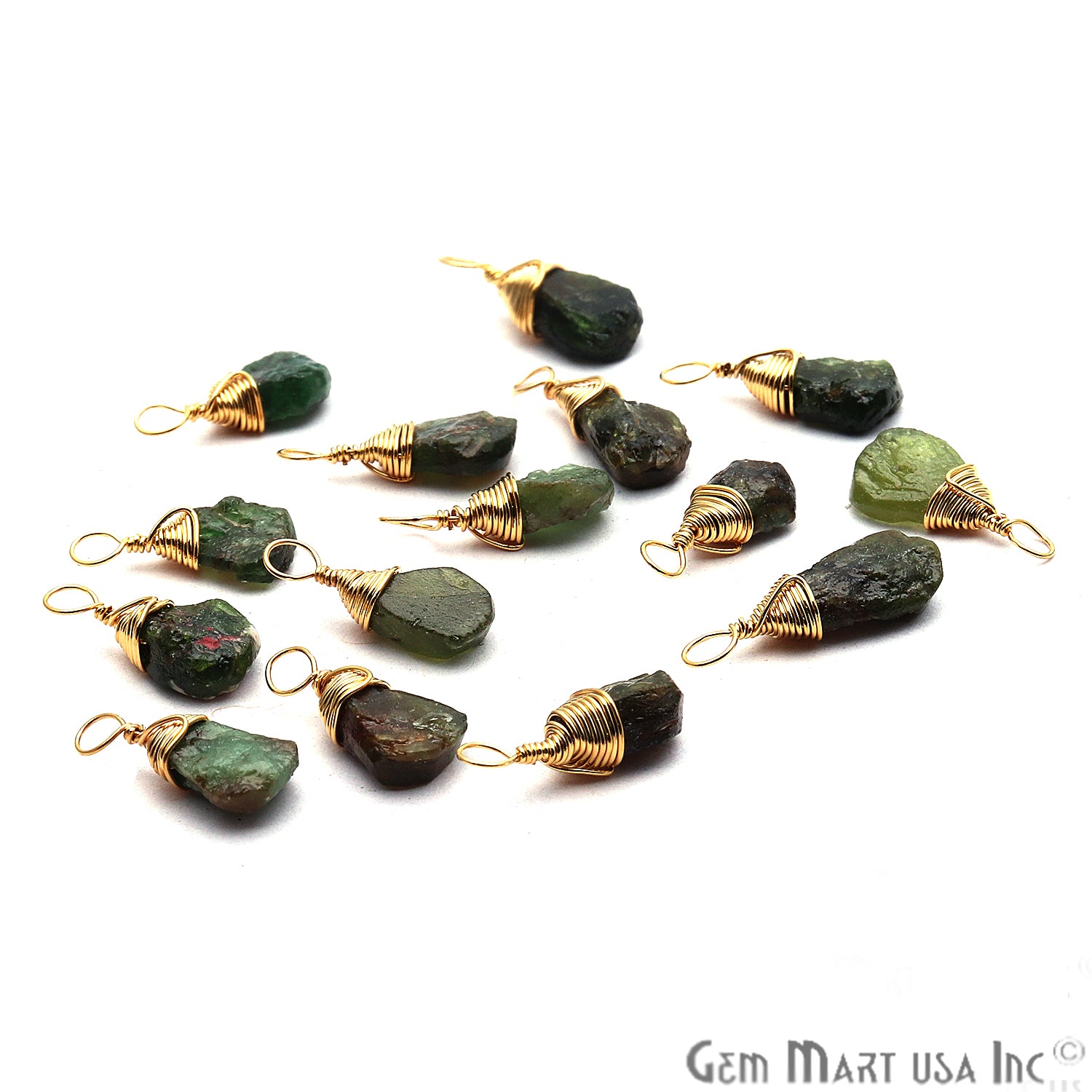 Green Garnet Gold Wire Wrapped 15x7mm Jewelry Making Drop Shape Connector - GemMartUSA