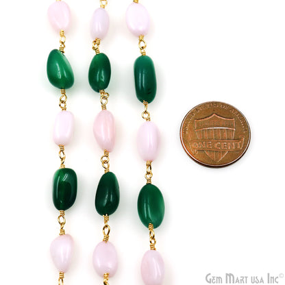 Green Onyx & Pink Opal 12x5mm Tumble Beads Gold Plated Rosary Chain