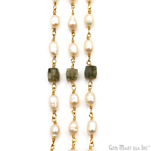 Labradorite Box Beads With Pearl freeform Beads Gold Wire Wrapped Rosary Chain