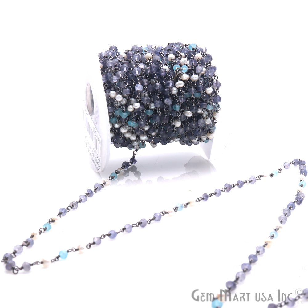 Aquamarine, Tanzanite And Pearl Beaded Oxidized Wire Wrapped Rosary Chain - GemMartUSA