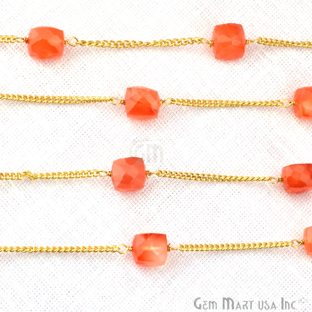 Carnelian 7-8mm Box Beads Chain, Gold Plated Wire Wrapped Rosary Chain - GemMartUSA (762944618543)