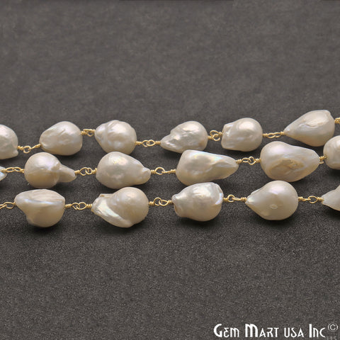 Pearl 12-16mm Free Form Gold Plated Wire Wrapped Gemstone Rosary Chain - GemMartUSA
