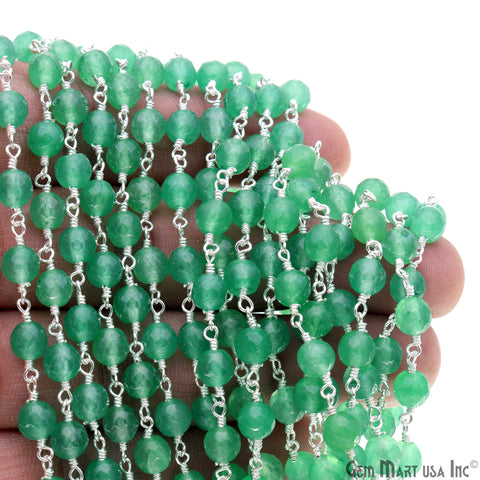 Baby Green Jade Cabochon 6mm Beads Silver Wire Wrapped Rosary Chain