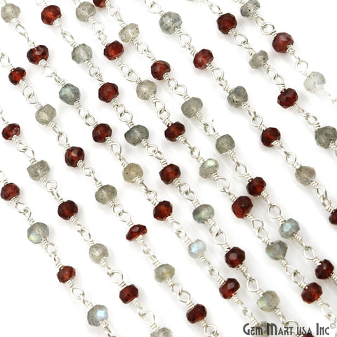Garnet & Labradorite Faceted Beads 3-3.5mm Silver Plated Gemstone Rosary Chain