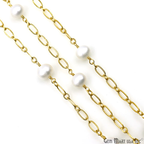 Pearl Round Beads With Gold Plated Oval Finding Rosary Chain