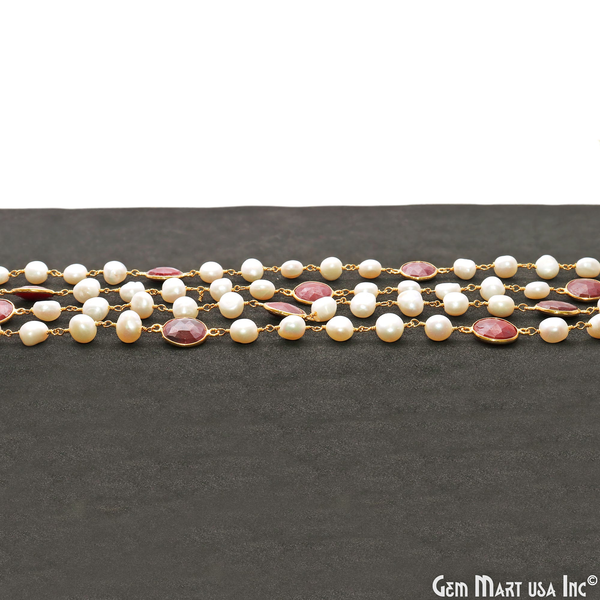 Pearl & Ruby Gold Wire Wrapped Beaded Rosary Chain