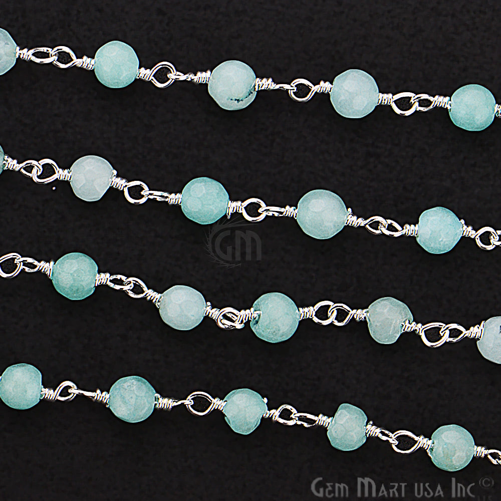 Aqua Jade Beads Silver Plated Wire Wrapped Rosary Chain - GemMartUSA (763967242287)