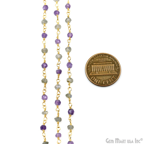 Amethyst & Labradorite 3-3.5mm Gold Plated Faceted Beads Wire Wrapped Rosary Chain
