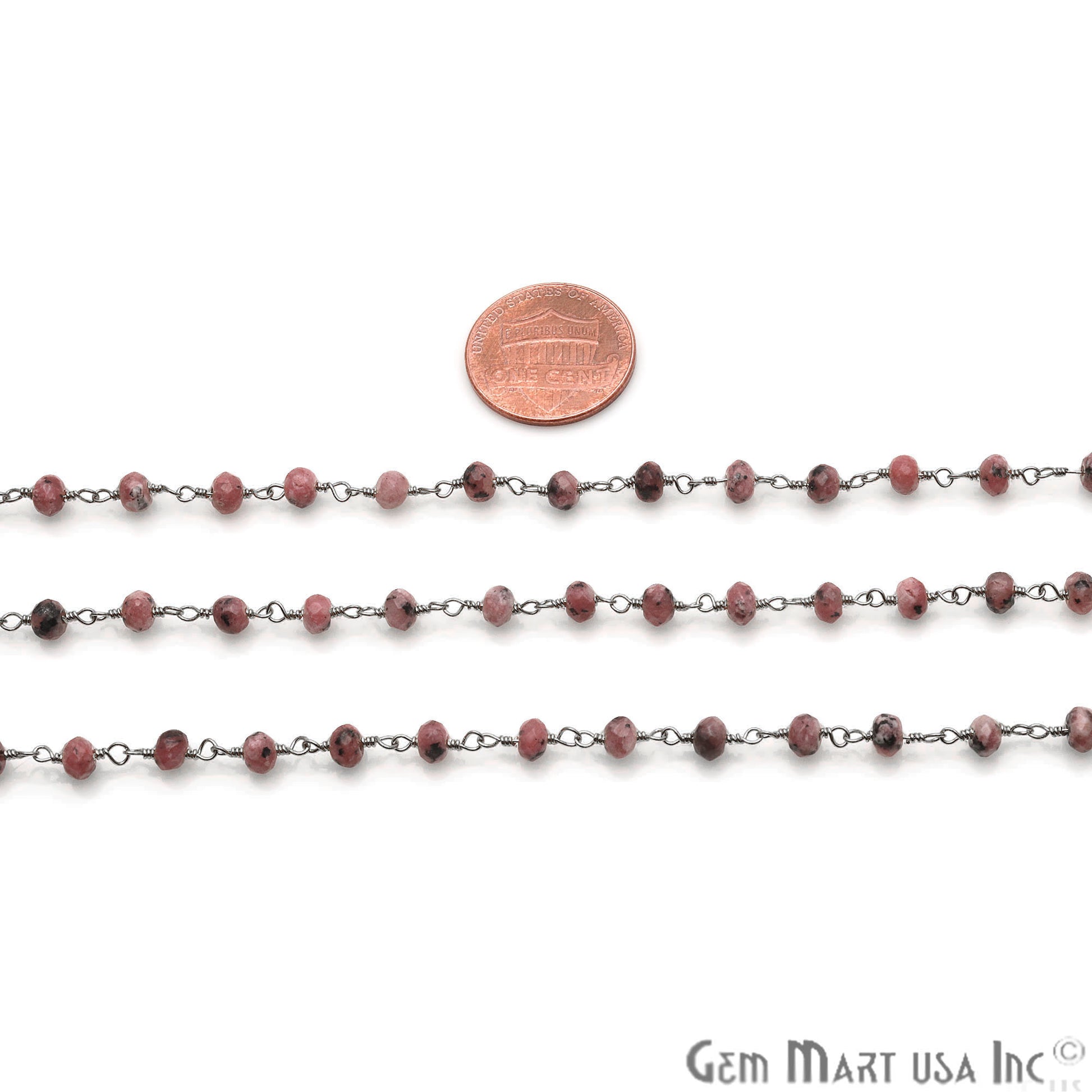 Rhodochrosite Jade Faceted Beads 4mm Oxidized Plated Wire Wrapped Rosary Chain - GemMartUSA