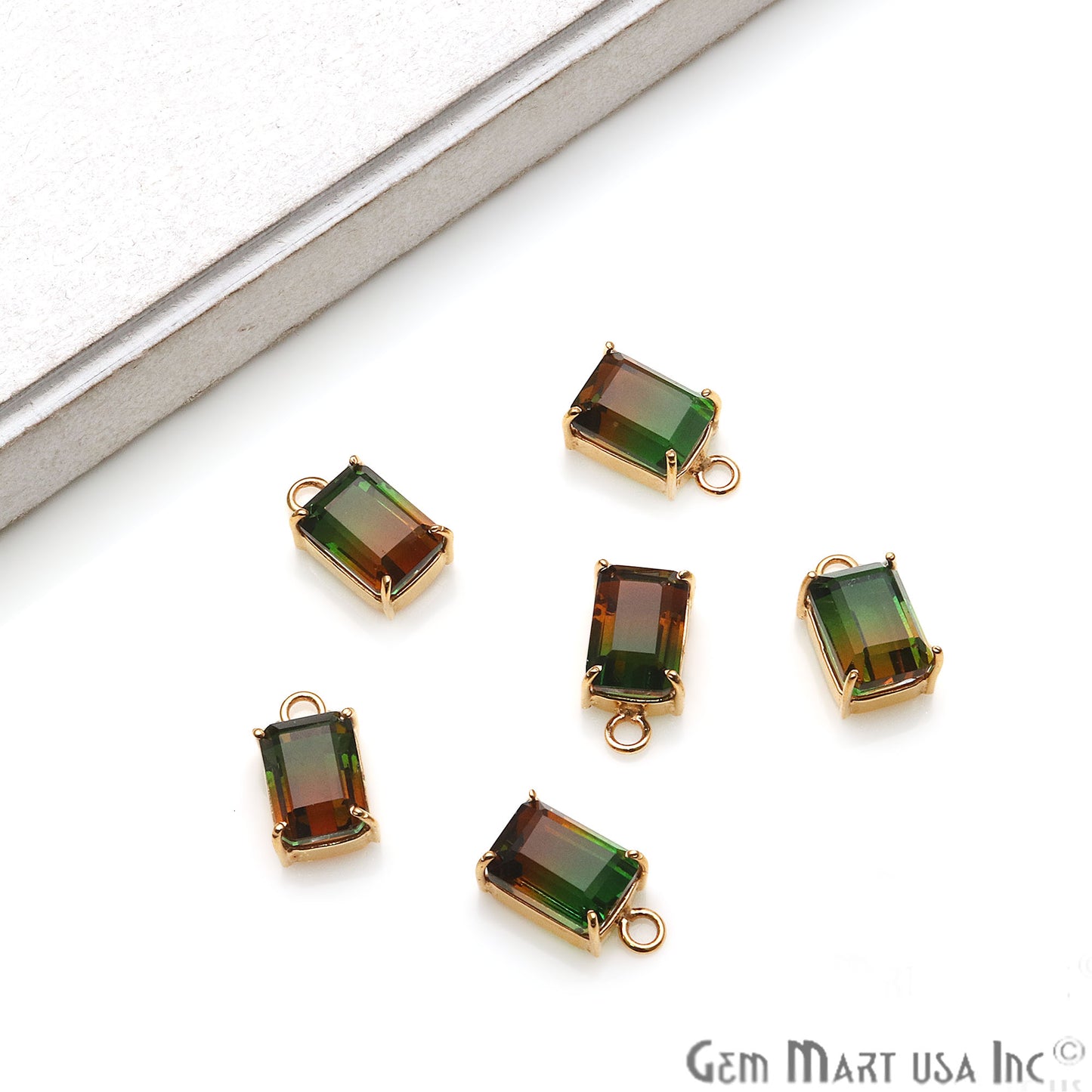 Green & Red 6x8mm Rectangle Gold Plated Prong Setting Gemstone Connector - GemMartUSA