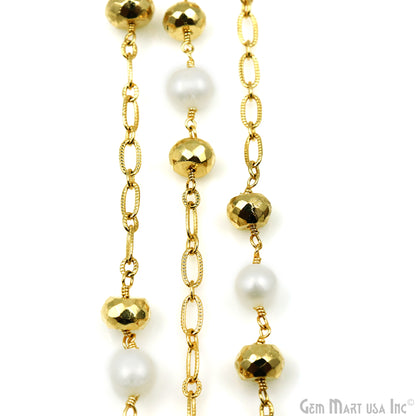 Golden Pyrite & Pearl Round Beads Gold Plated Finding Rosary Chain