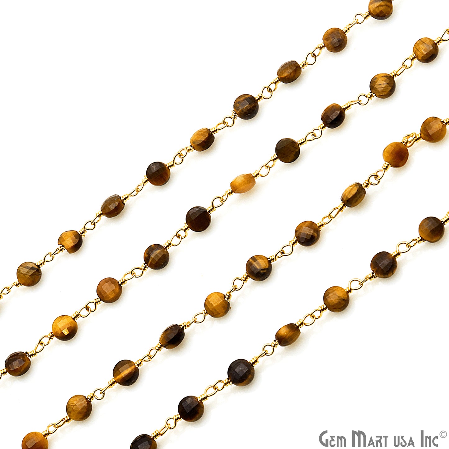 Tiger Eye Faceted 3-4mm Gold Wire Wrapped Rosary Chain - GemMartUSA