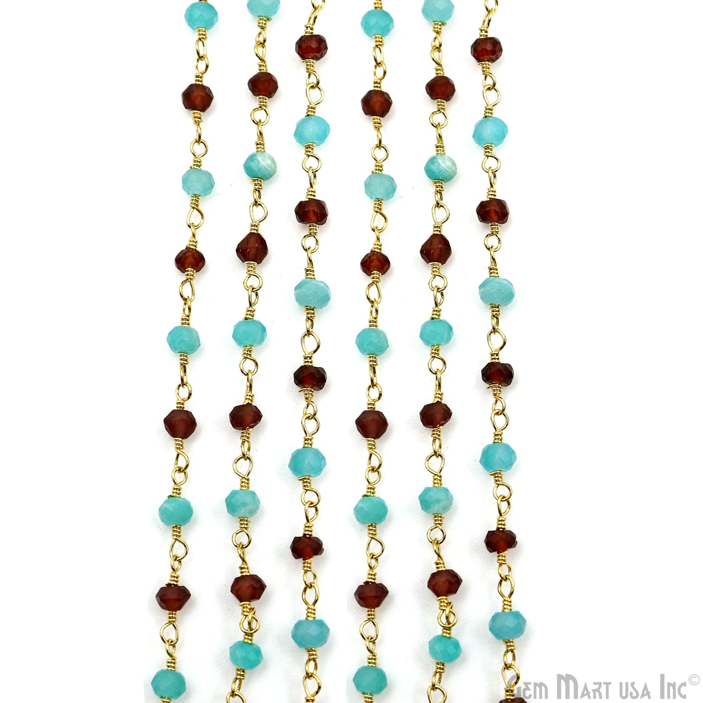 Garnet & Amazonite Beads 3-3.5mm Gold Plated Wire Wrapped Rosary Chain