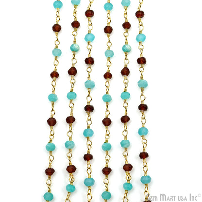 Garnet & Amazonite Beads 3-3.5mm Gold Plated Wire Wrapped Rosary Chain