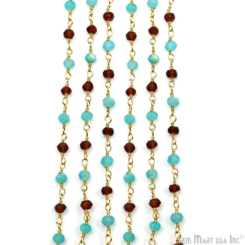 Garnet & Amazonite Beads 3-3.5mm Gold Plated Wire Wrapped Rosary Chain