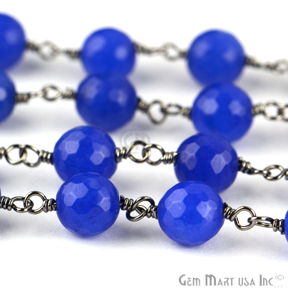 Blue Jade Faceted Beads 8mm Oxidized Wire Wrapped Rosary Chain