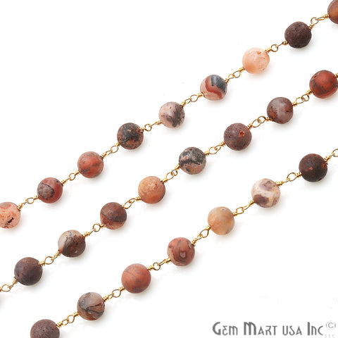 Red Jasper Frosted Gold Plated Wire Wrap Round Bead Jewelry Making Rosary Chain - GemMartUSA