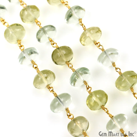 Green Amethyst & Lemon Topaz Cabochon Beads 9-10mm Gold Wire Wrapped Rosary Chain