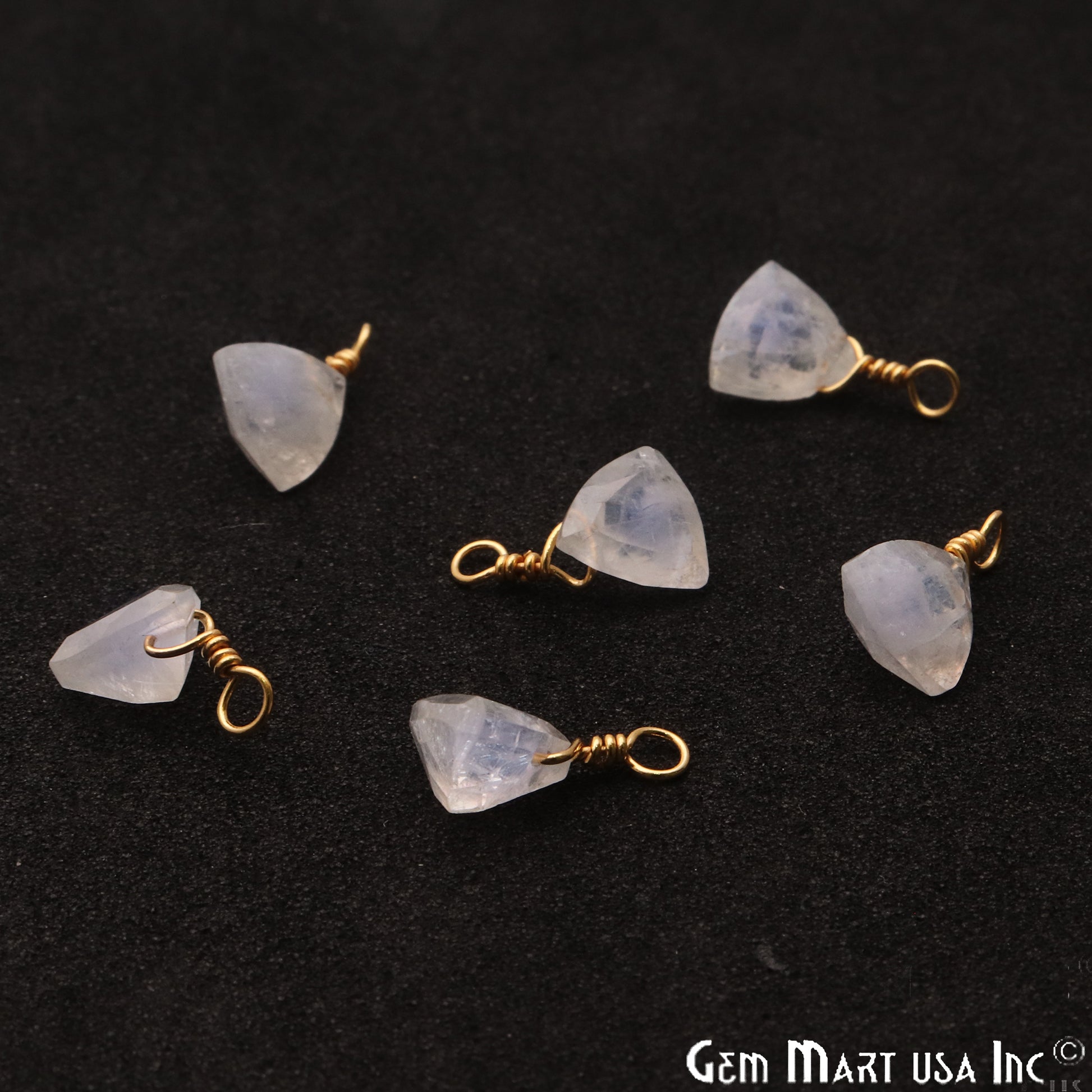 Rainbow Moonstone 7mm Trillion Single Bail Gold Wire Wrapped Gemstone Connector - GemMartUSA