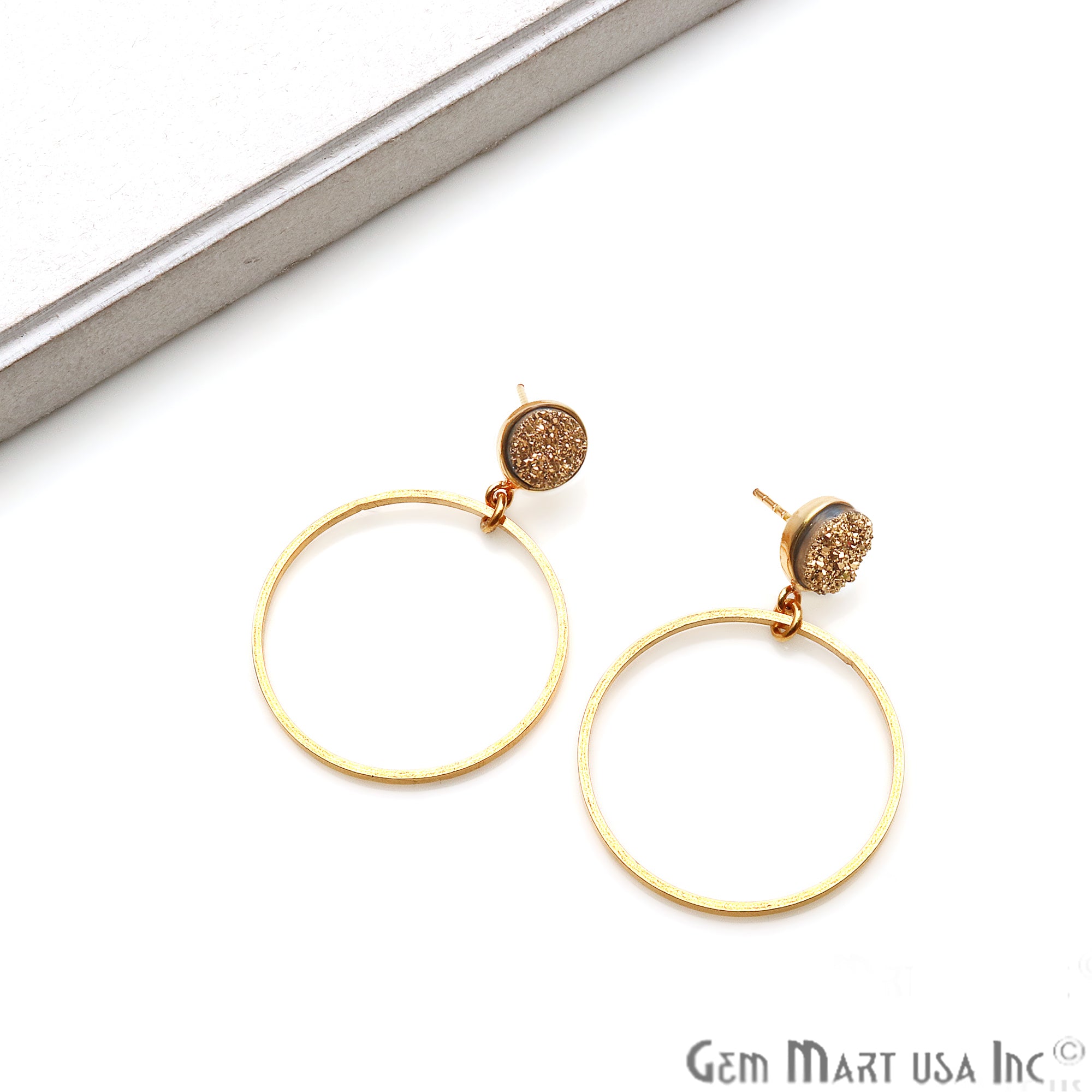 Round Druzy 43x30mm Gold Plated Dangle Hoop Stud Earring (Pick Color) - GemMartUSA