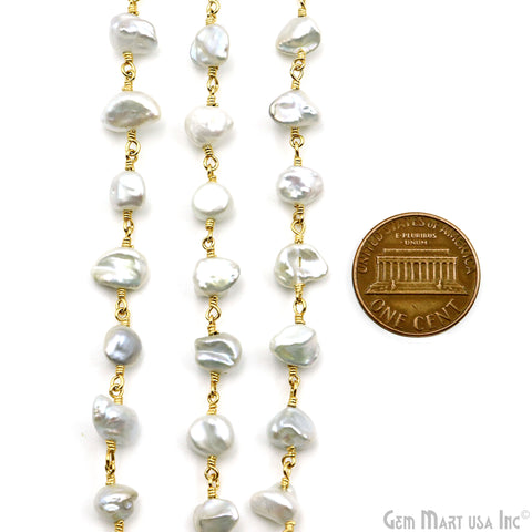 Gray Pearl Free Form Faceted Beads 7-8mm Gold Plated Gemstone Rosary Chain