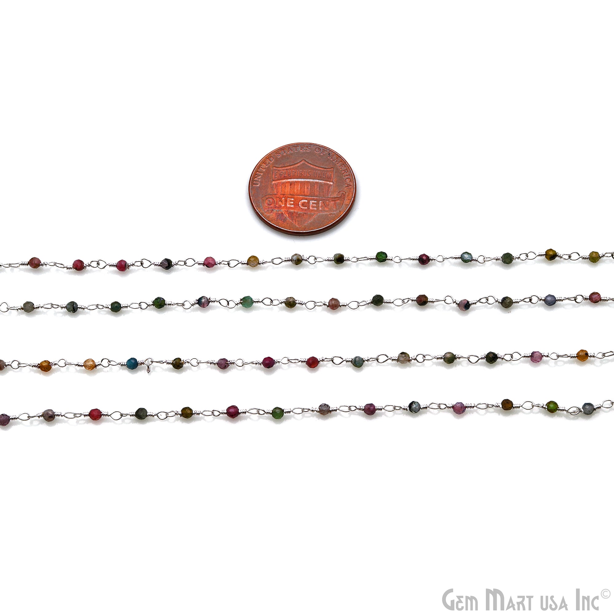 Multi Tourmaline 1-1.5mm Round Tiny Beads Silver Plated Rosary Chain