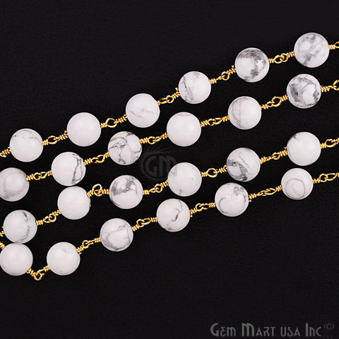 Howlite Jade Faceted Beads 8mm Gold Plated Wire Wrapped Rosary Chain - GemMartUSA