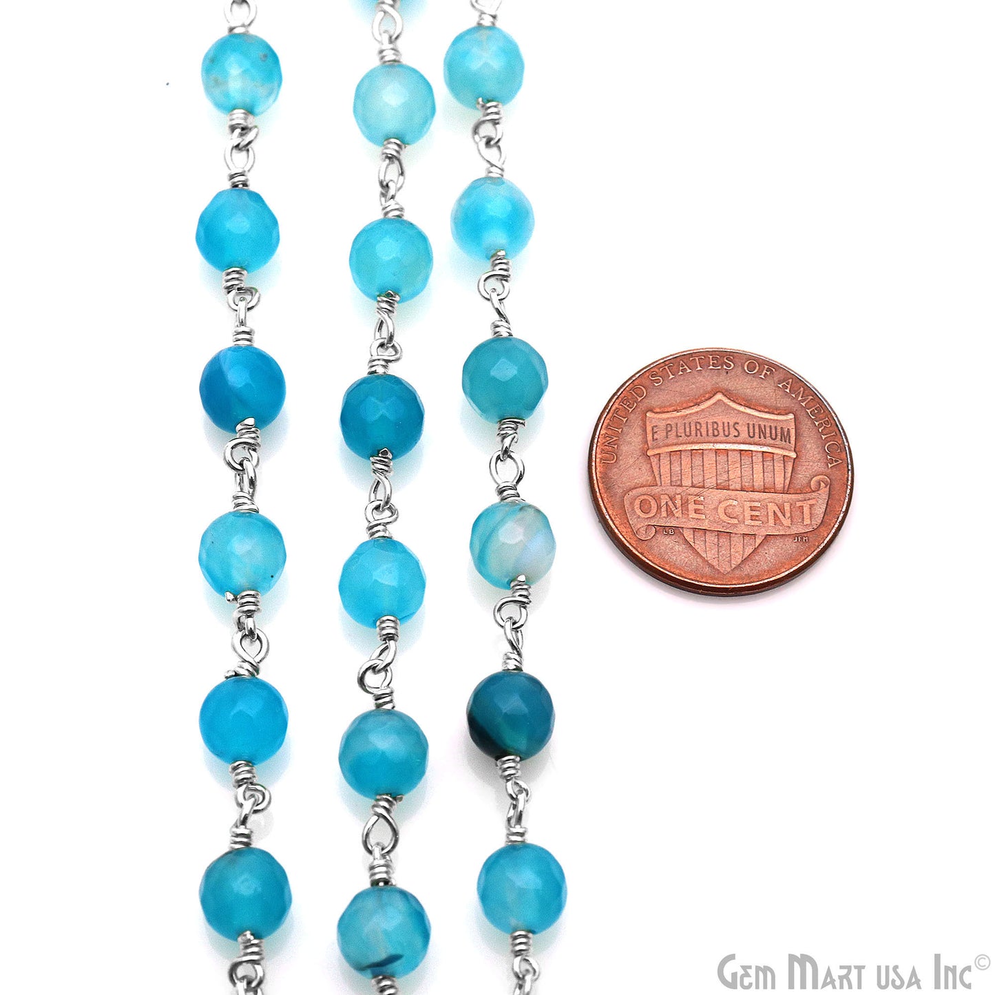 Sky Blue Jade 6mm Silver Plated Wire Wrapped Rosary Chain