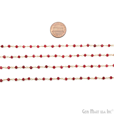 Ruby Jade Faceted 3-3.5mm Gold Wire Wrapped Rosary Chain