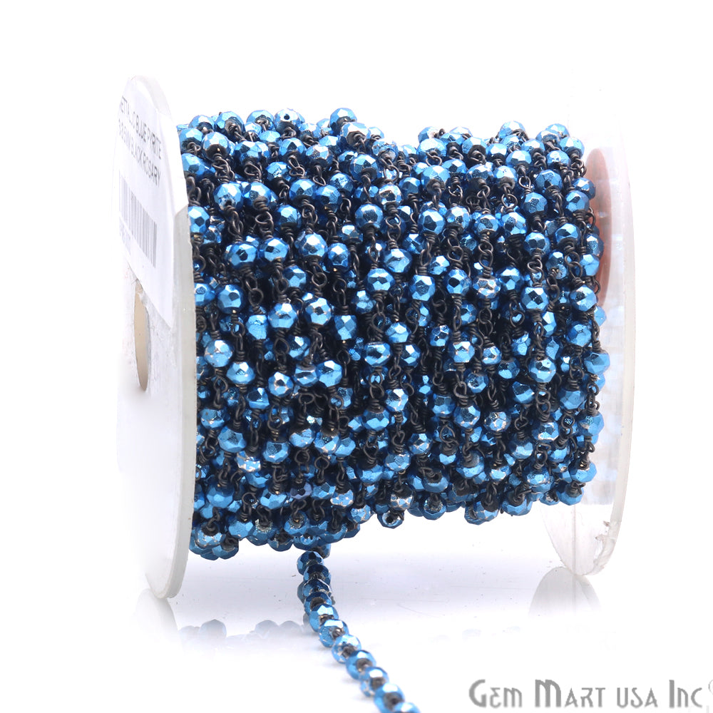 Metallic Blue Pyrite 3-3.5mm Beaded Oxidized Wire Wrapped Rosary Chain - GemMartUSA