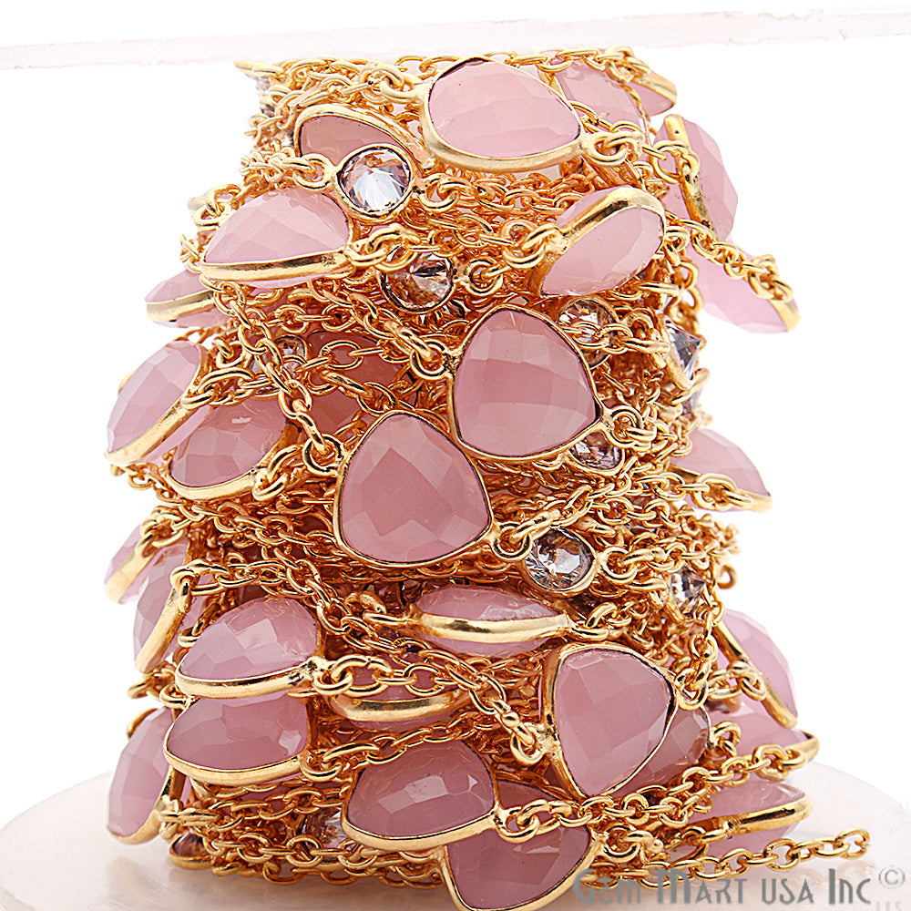 Rose Chalcedony 10mm With Crystal 5mm Gold Plated Bezel Link Connector Chain - GemMartUSA
