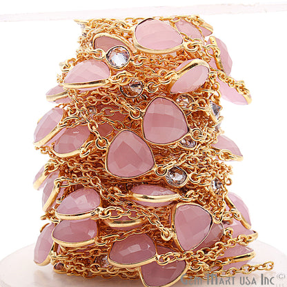 Rose Chalcedony 10mm With Crystal 5mm Gold Plated Bezel Link Connector Chain - GemMartUSA