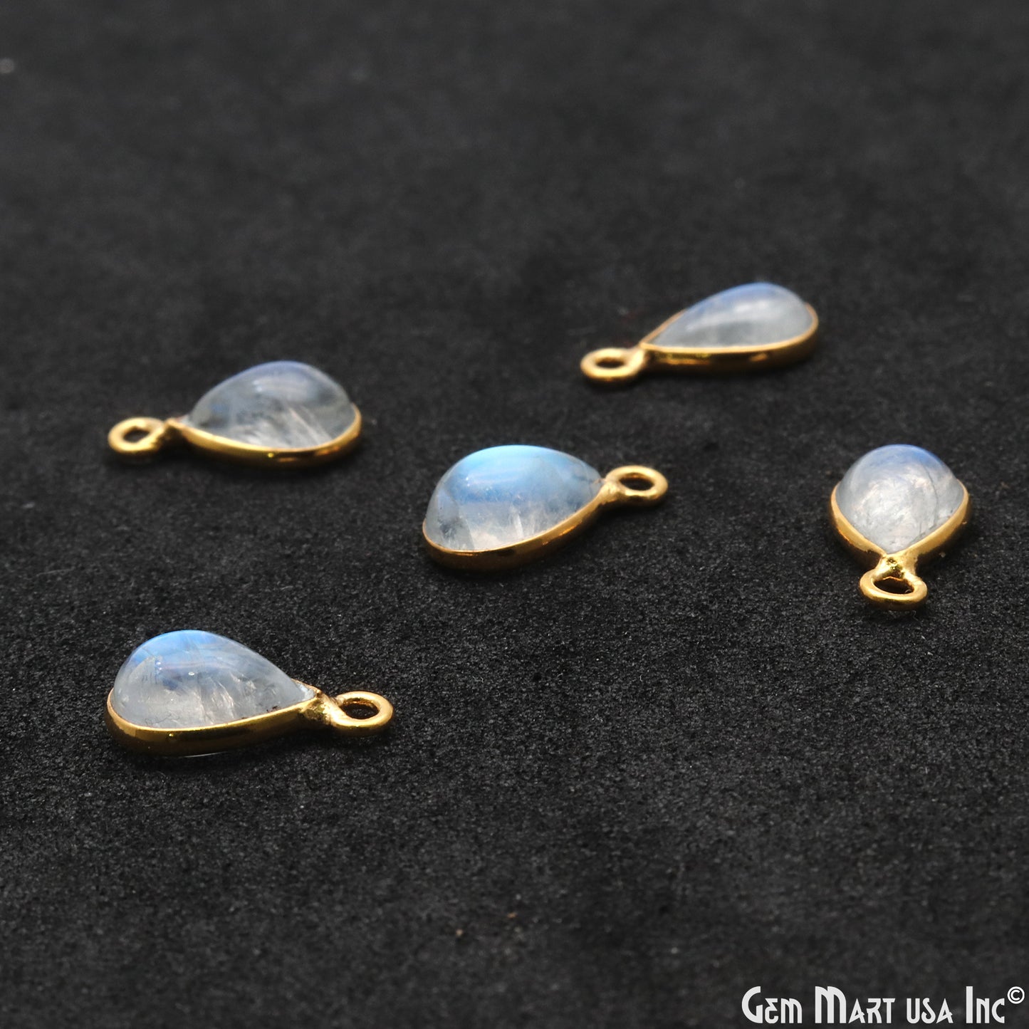 Rainbow Moonstone Cabochon 6x9mm Pears Single Bail Gold Bezel Connector