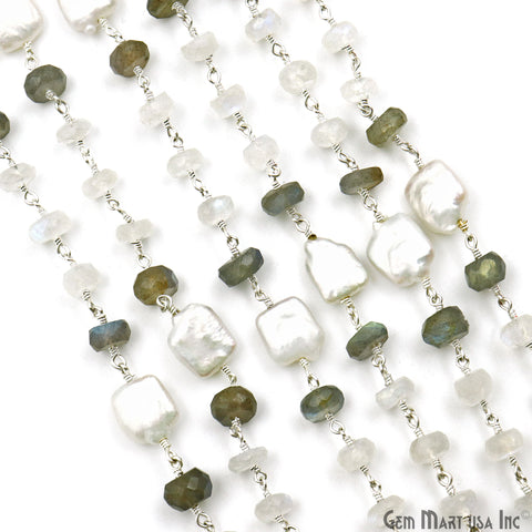 Rainbow, Labradorite & Pearl Silver Wire Wrapped Rondelle Beads Rosary Chain